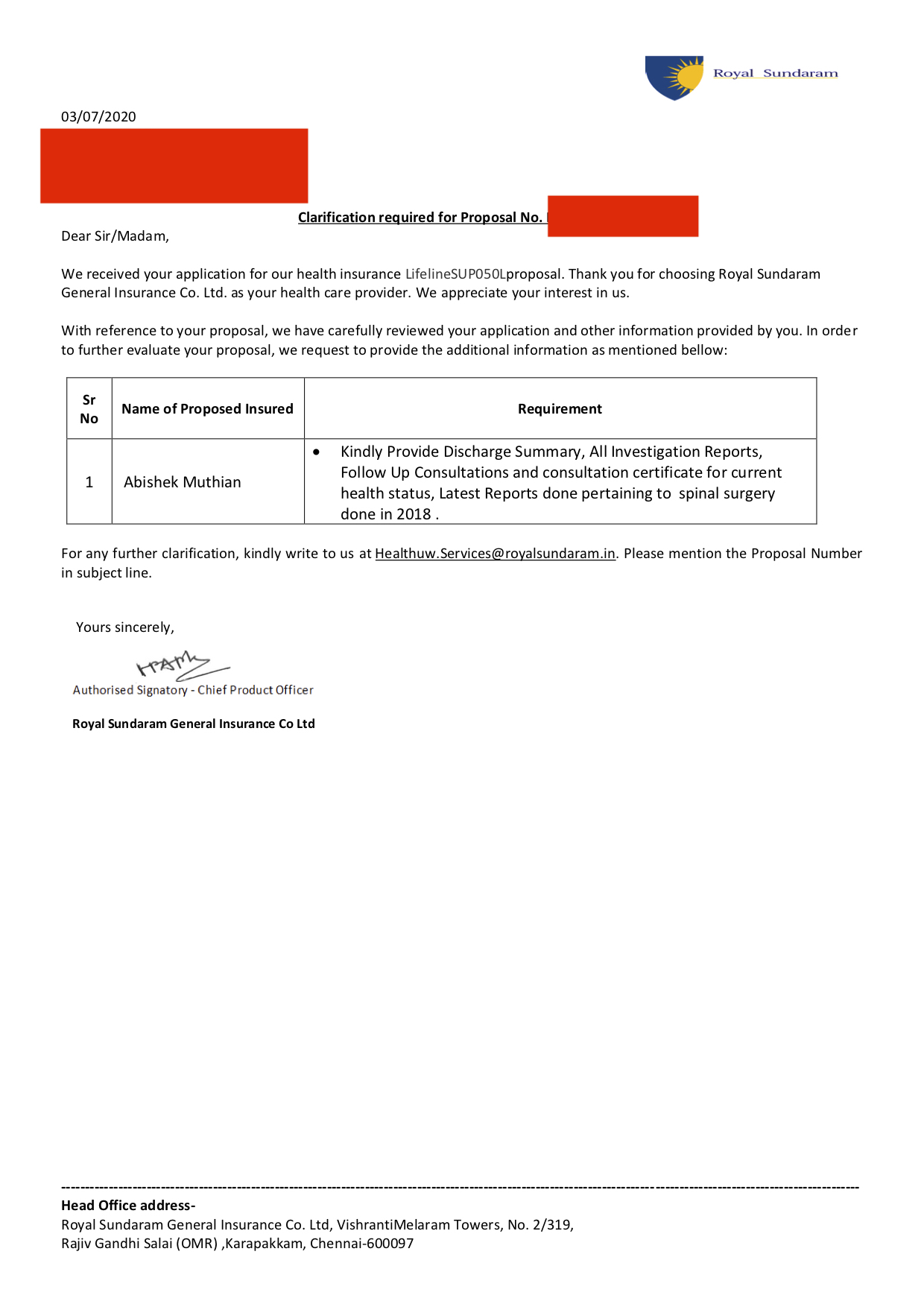 Royal Sundaram Letter asking for futher documents regarding my 2018 surgery